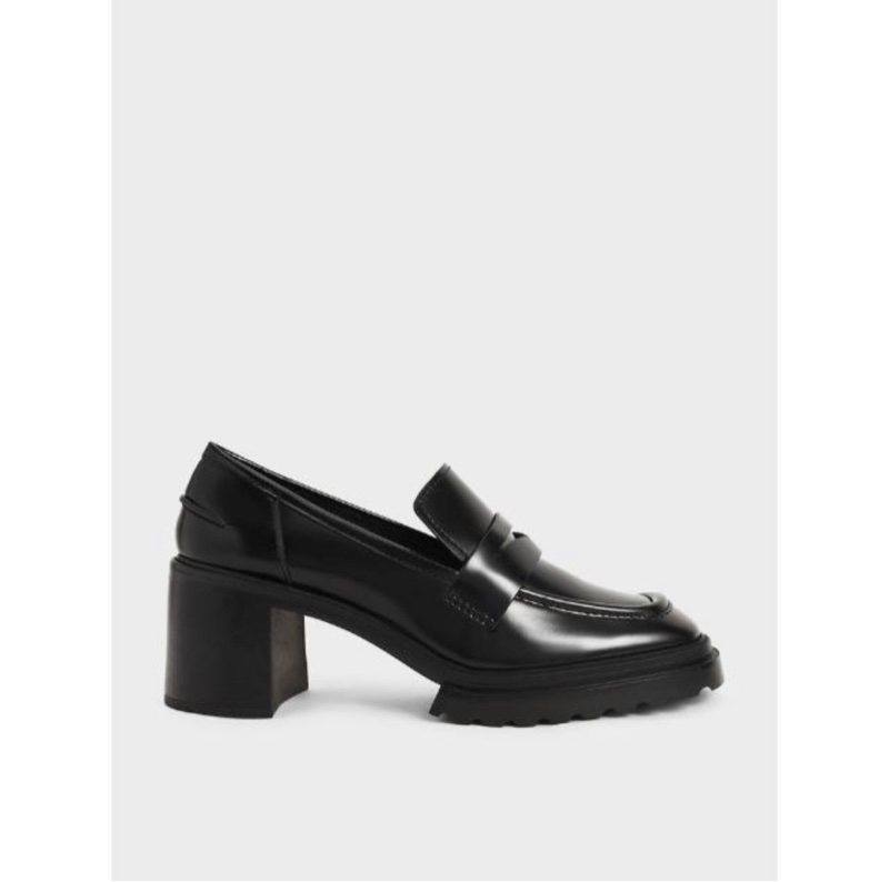 全新【CHARLES & KEITH】微方頭厚底樂福鞋-黑色，37號-0