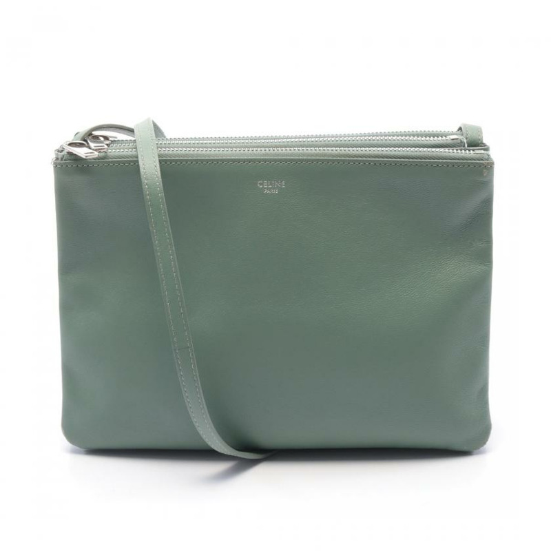 【日本直送】中古CELINE[B]TRIO LARGE trio 大號 肩包 皮革 淺綠色-0