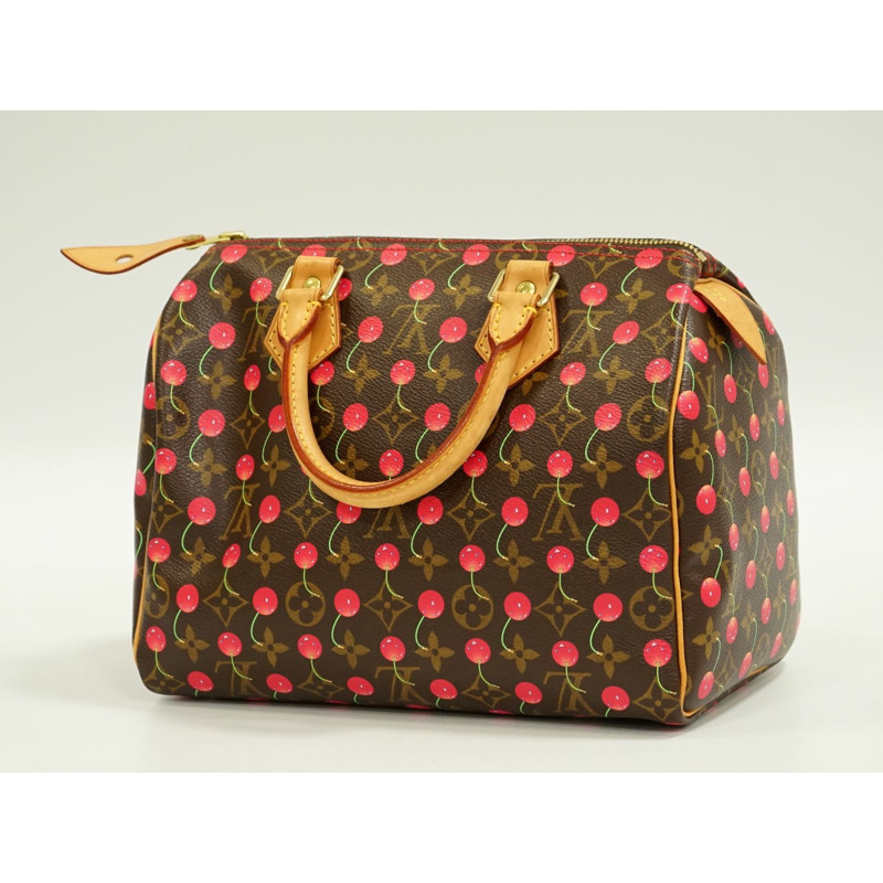 正品路易威登 LOUIS VUITTON LV Speedy 25 交織字母櫻桃手提包迷你波士頓包棕色紅色 M95009 Speedy Vuitton 包二手-1