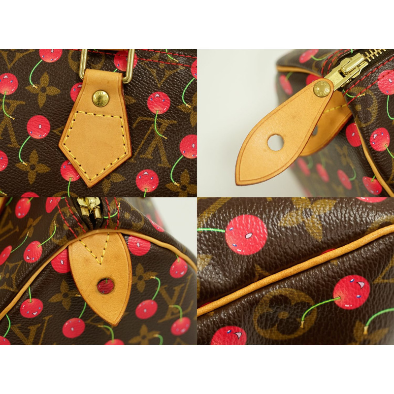 正品路易威登 LOUIS VUITTON LV Speedy 25 交織字母櫻桃手提包迷你波士頓包棕色紅色 M95009 Speedy Vuitton 包二手-3