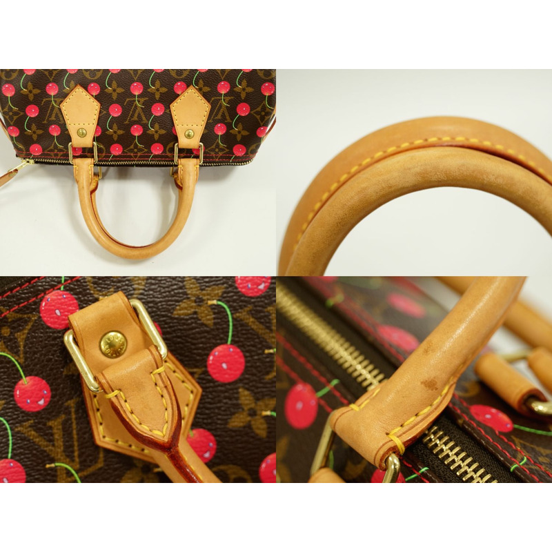 正品路易威登 LOUIS VUITTON LV Speedy 25 交織字母櫻桃手提包迷你波士頓包棕色紅色 M95009 Speedy Vuitton 包二手-4