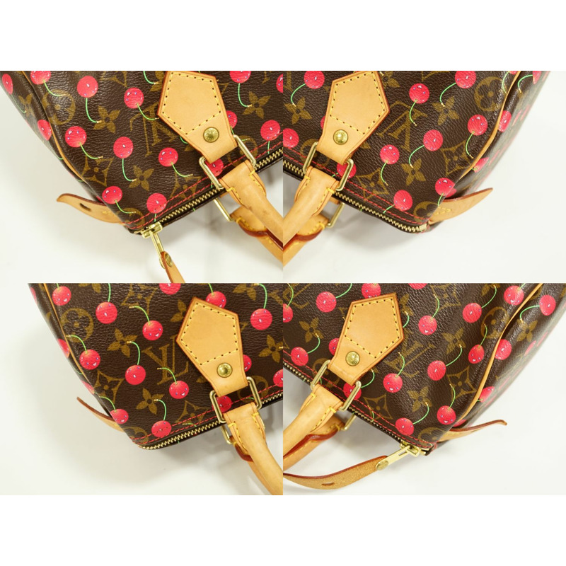正品路易威登 LOUIS VUITTON LV Speedy 25 交織字母櫻桃手提包迷你波士頓包棕色紅色 M95009 Speedy Vuitton 包二手-5