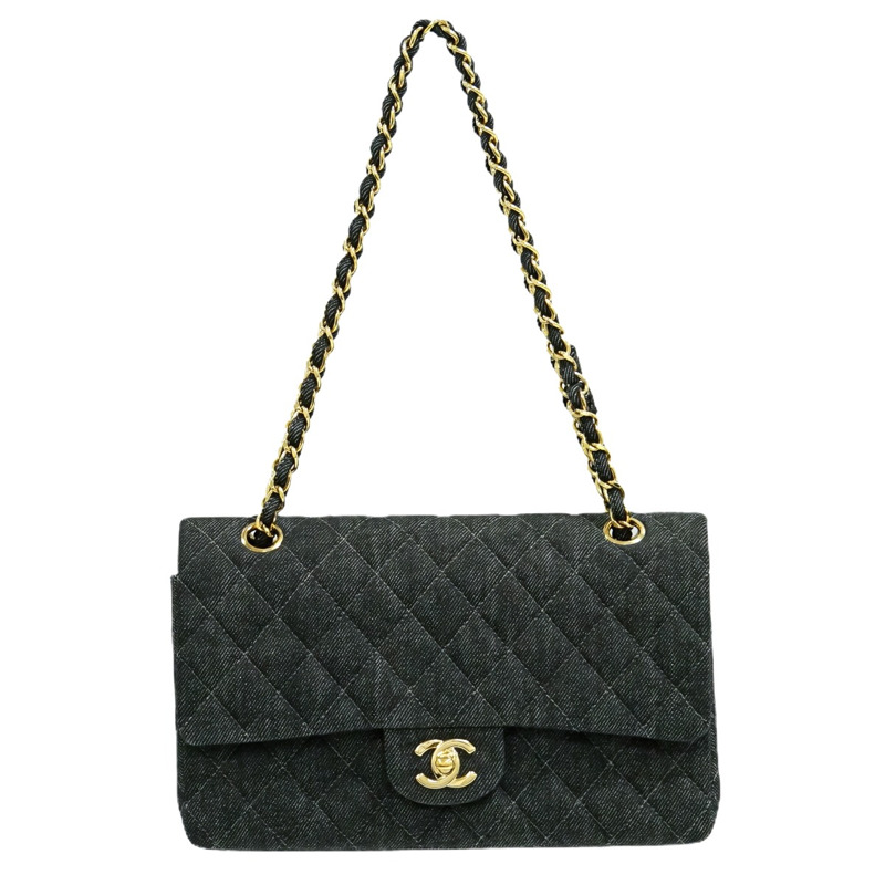 真品香奈兒 CHANEL 這裡標記菱格紋雙翻蓋鏈肩包手提包牛仔布黑色菱格紋包使用-0