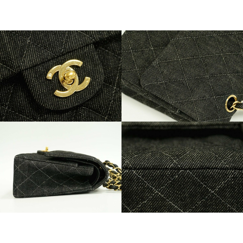 真品香奈兒 CHANEL 這裡標記菱格紋雙翻蓋鏈肩包手提包牛仔布黑色菱格紋包使用-3