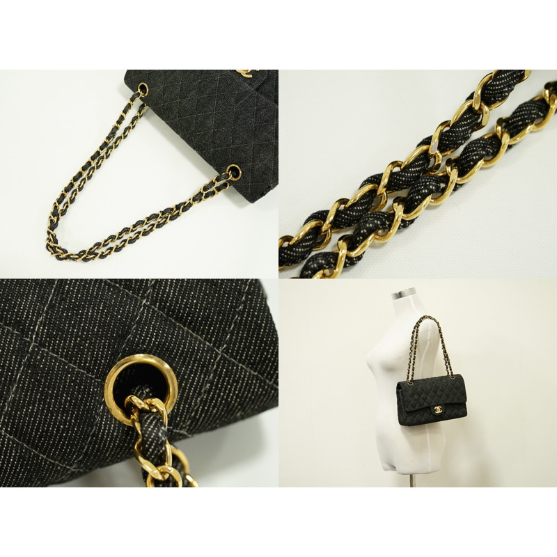 真品香奈兒 CHANEL 這裡標記菱格紋雙翻蓋鏈肩包手提包牛仔布黑色菱格紋包使用-4