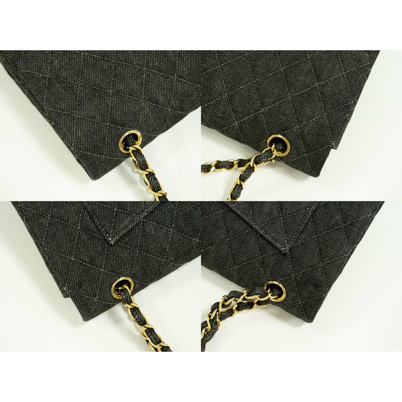 真品香奈兒 CHANEL 這裡標記菱格紋雙翻蓋鏈肩包手提包牛仔布黑色菱格紋包使用-5