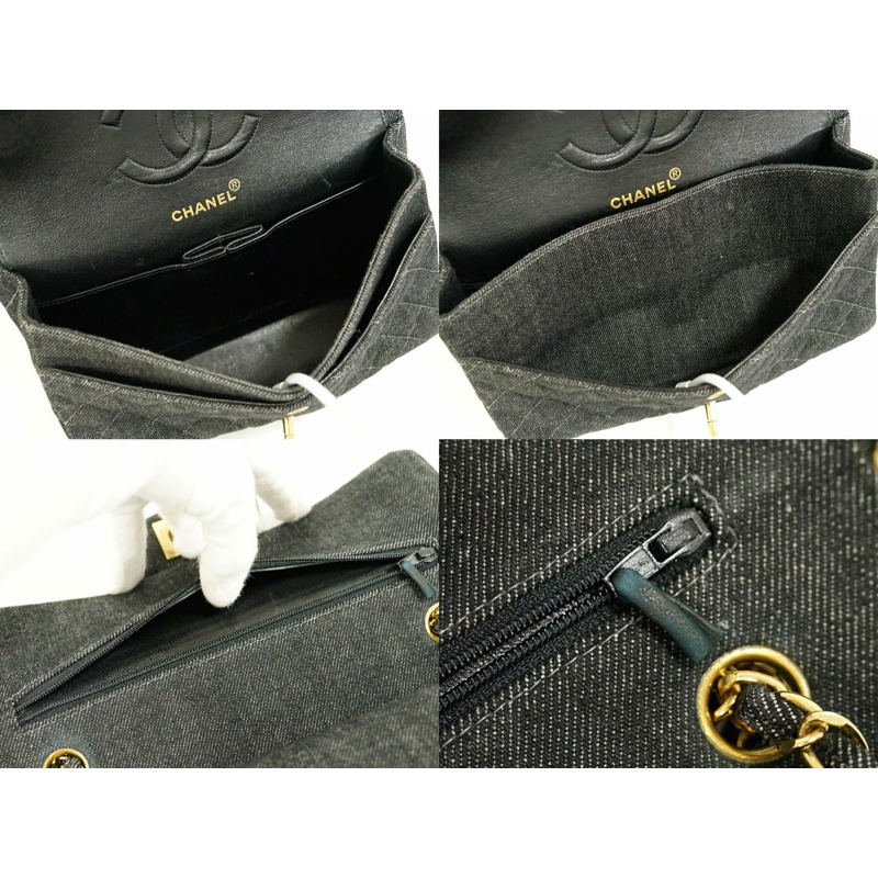 真品香奈兒 CHANEL 這裡標記菱格紋雙翻蓋鏈肩包手提包牛仔布黑色菱格紋包使用-7