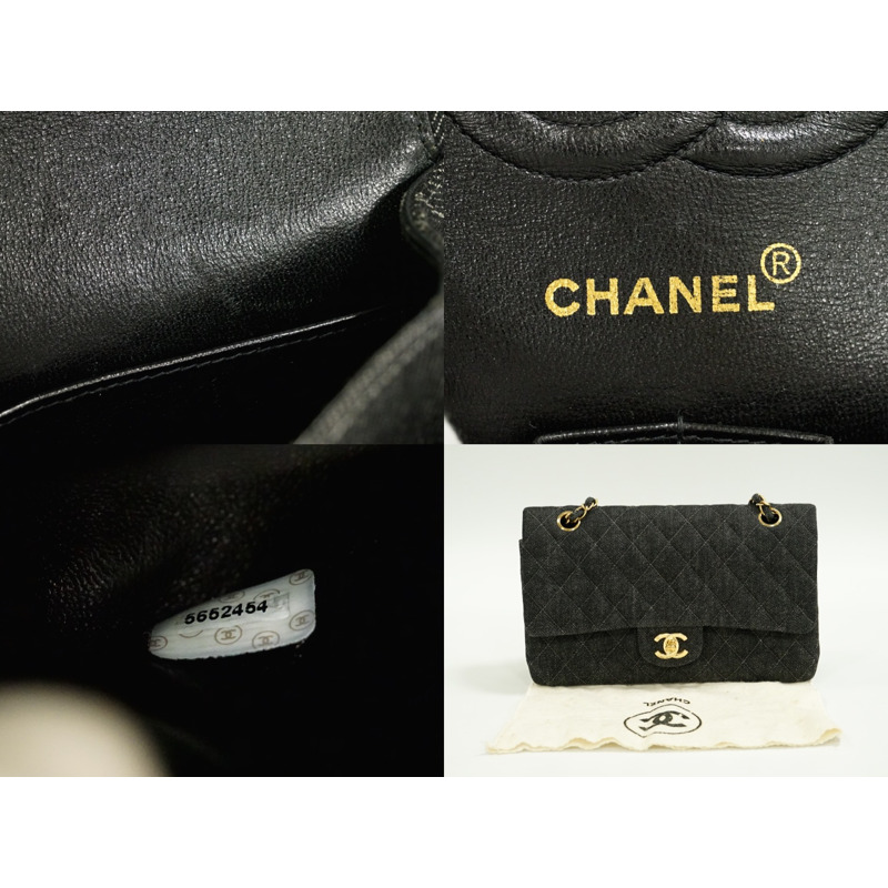 真品香奈兒 CHANEL 這裡標記菱格紋雙翻蓋鏈肩包手提包牛仔布黑色菱格紋包使用-8