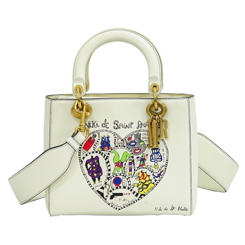 真正的克里斯蒂安迪奧 Christian Dior Lady Dior Niki de Saint Phalle 2WAY 單肩包手提包皮革白色 Lady Dior 包二手-0