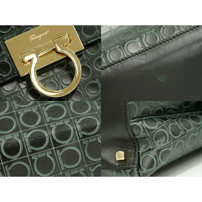 真正 Salvatore Ferragamo Salvatore Ferragamo Gancini 2WAY 單肩包手提包 pochette 皮革黑色 Gancini 包使用-3