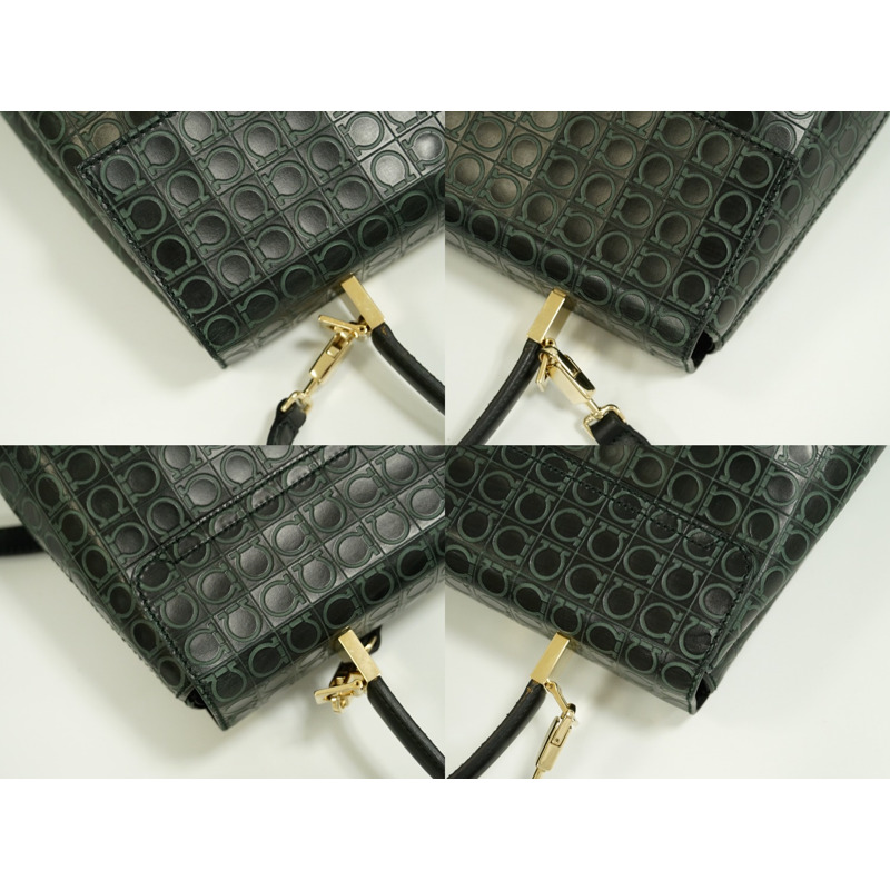 真正 Salvatore Ferragamo Salvatore Ferragamo Gancini 2WAY 單肩包手提包 pochette 皮革黑色 Gancini 包使用-5