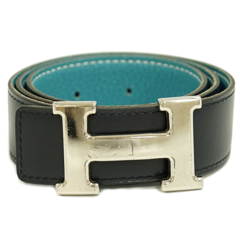 正品愛馬仕 HERMES H 腰帶 Constance 雙面腰帶 □F 雕刻 2002 皮革黑色藍色牛仔褲淺藍色銀色硬件女士服裝配件二手-0