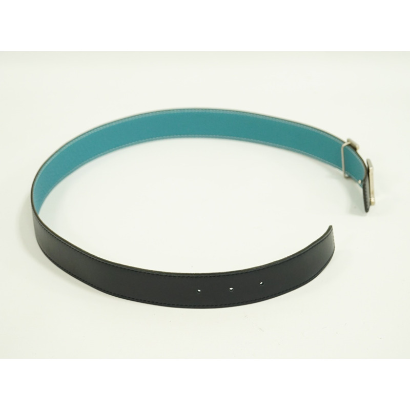 正品愛馬仕 HERMES H 腰帶 Constance 雙面腰帶 □F 雕刻 2002 皮革黑色藍色牛仔褲淺藍色銀色硬件女士服裝配件二手-2