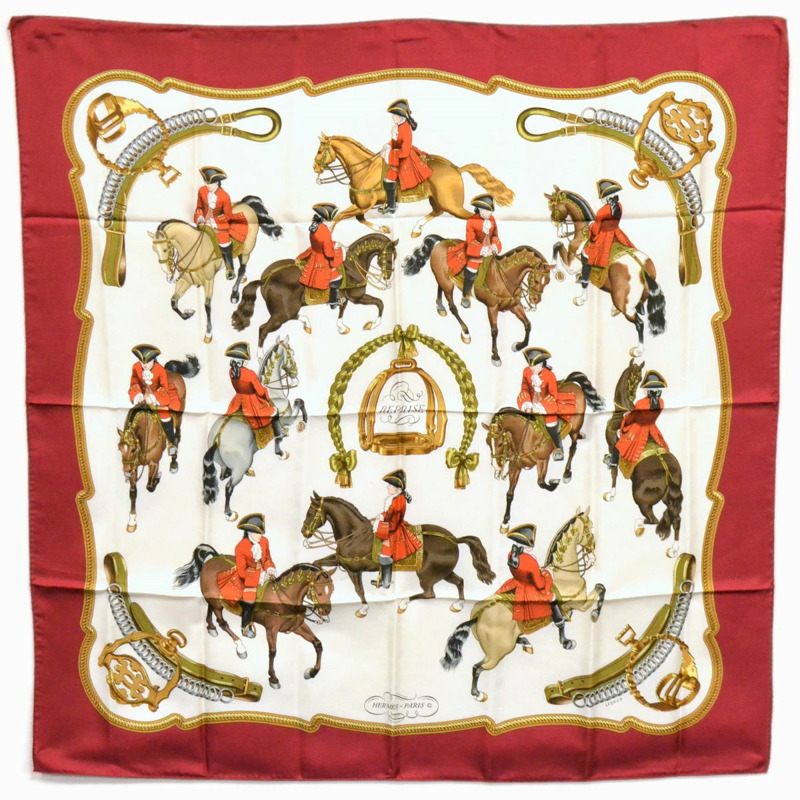 正品愛馬仕 HERMES 圍巾 Carre Carre 90 REPRISE 騎行風景圍巾披肩頭巾絲綢白色紅色服裝配件使用-0