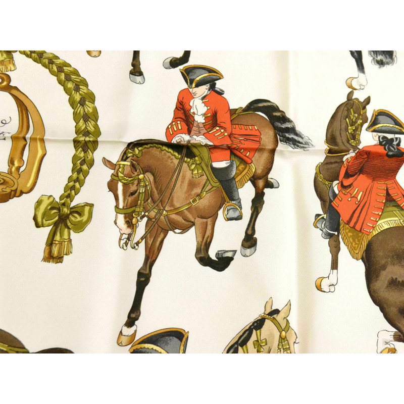 正品愛馬仕 HERMES 圍巾 Carre Carre 90 REPRISE 騎行風景圍巾披肩頭巾絲綢白色紅色服裝配件使用-1