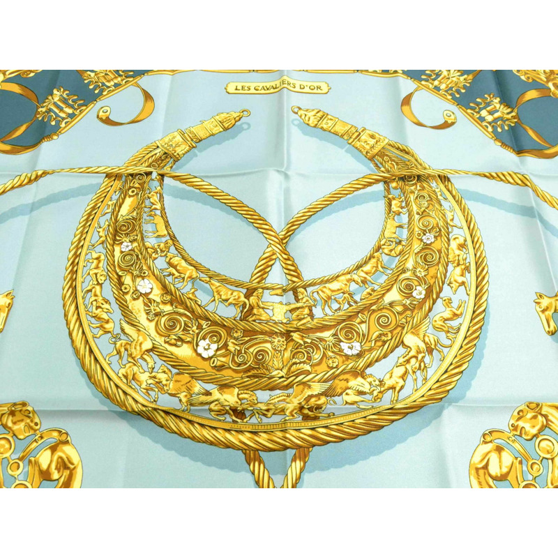 正品愛馬仕 HERMES 圍巾 Carre Carre 90 LES CAVALIERS D'OR 金色騎士圍巾披肩頭巾絲綢綠色服裝配件使用-1