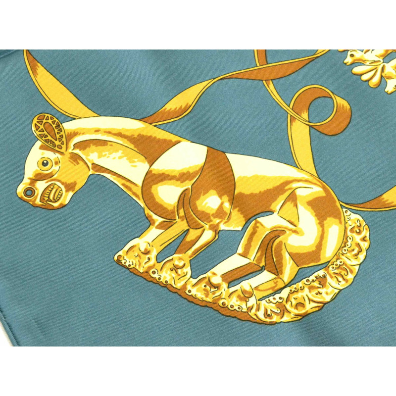 正品愛馬仕 HERMES 圍巾 Carre Carre 90 LES CAVALIERS D'OR 金色騎士圍巾披肩頭巾絲綢綠色服裝配件使用-2