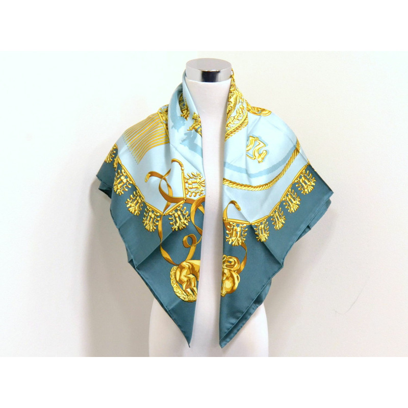 正品愛馬仕 HERMES 圍巾 Carre Carre 90 LES CAVALIERS D'OR 金色騎士圍巾披肩頭巾絲綢綠色服裝配件使用-6