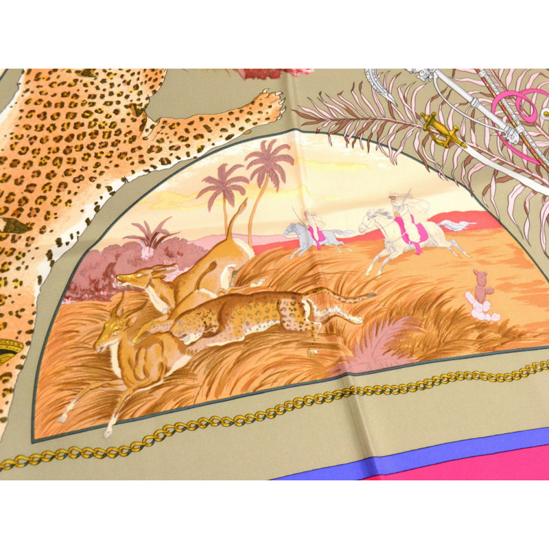 真正的愛馬仕 HERMES 圍巾 Carre Carre 90 CHASSES EXOTIQUES 異國情調的狩獵圍巾披肩頭巾絲綢粉紅色米色藍色服裝配件使用-2