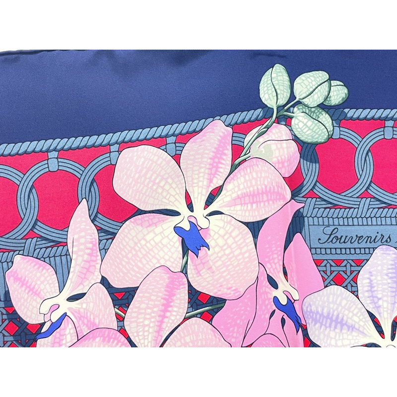 正品愛馬仕 HERMES 圍巾 Carre Carre 90 SOUVENIRS D'ASIE Memories of Asia 圍巾披肩頭巾絲綢藍色粉紅色服裝配件使用-3