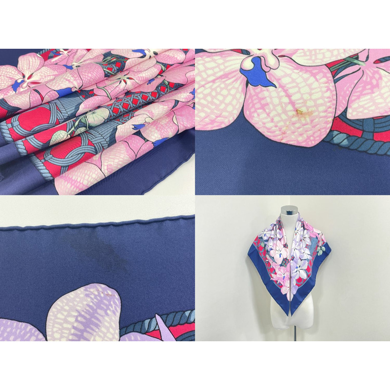 正品愛馬仕 HERMES 圍巾 Carre Carre 90 SOUVENIRS D'ASIE Memories of Asia 圍巾披肩頭巾絲綢藍色粉紅色服裝配件使用-7