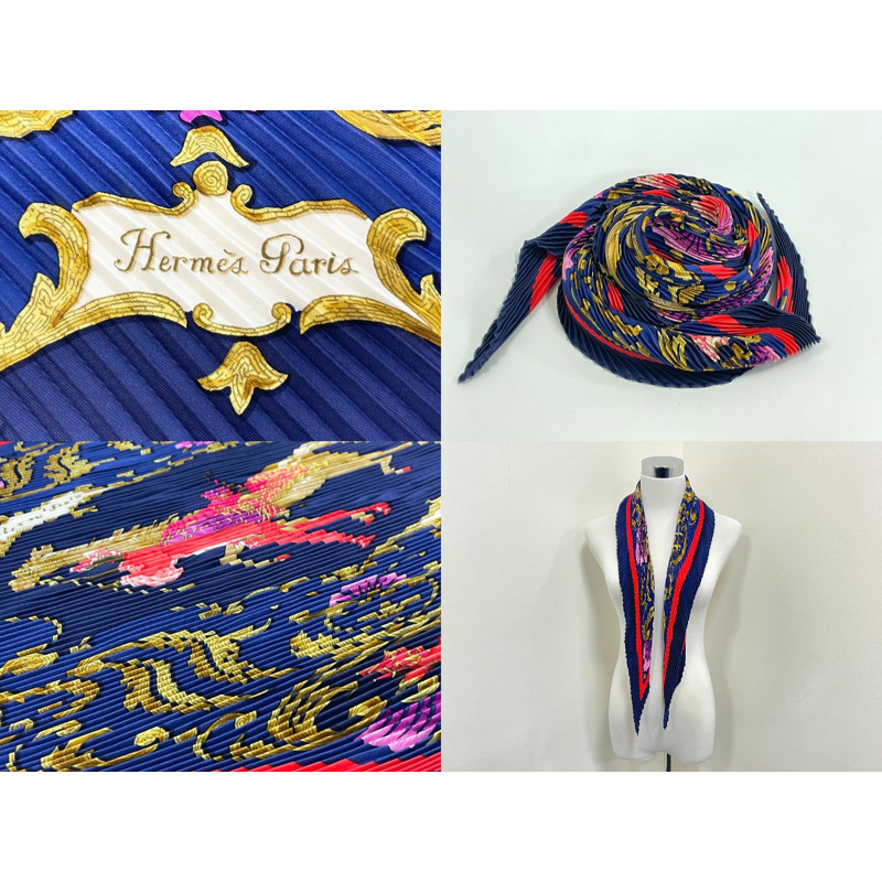 正品愛馬仕 HERMES 百褶 Carre Cheval Turc 土耳其馬百褶圍巾真絲海軍服配飾二手-7