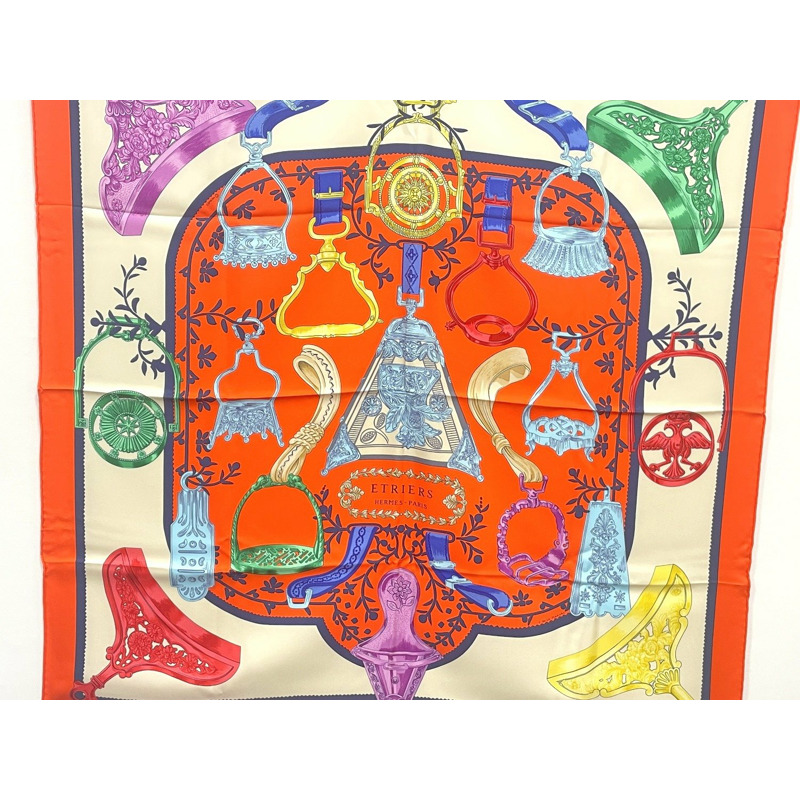 正品愛馬仕 HERMES 圍巾 Carre Carre 90 ETRIERS 馬鐙圍巾披肩頭巾絲綢橙色多色服裝配件使用-1