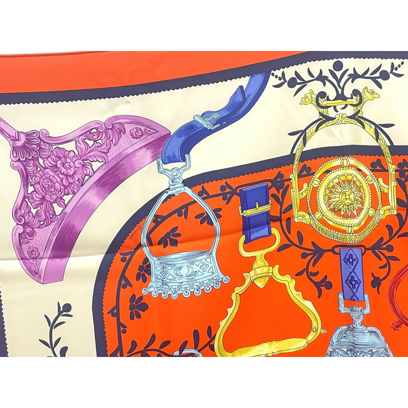 正品愛馬仕 HERMES 圍巾 Carre Carre 90 ETRIERS 馬鐙圍巾披肩頭巾絲綢橙色多色服裝配件使用-2