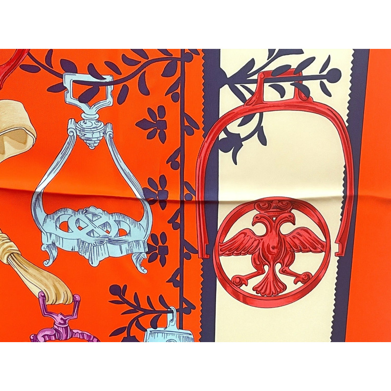 正品愛馬仕 HERMES 圍巾 Carre Carre 90 ETRIERS 馬鐙圍巾披肩頭巾絲綢橙色多色服裝配件使用-3