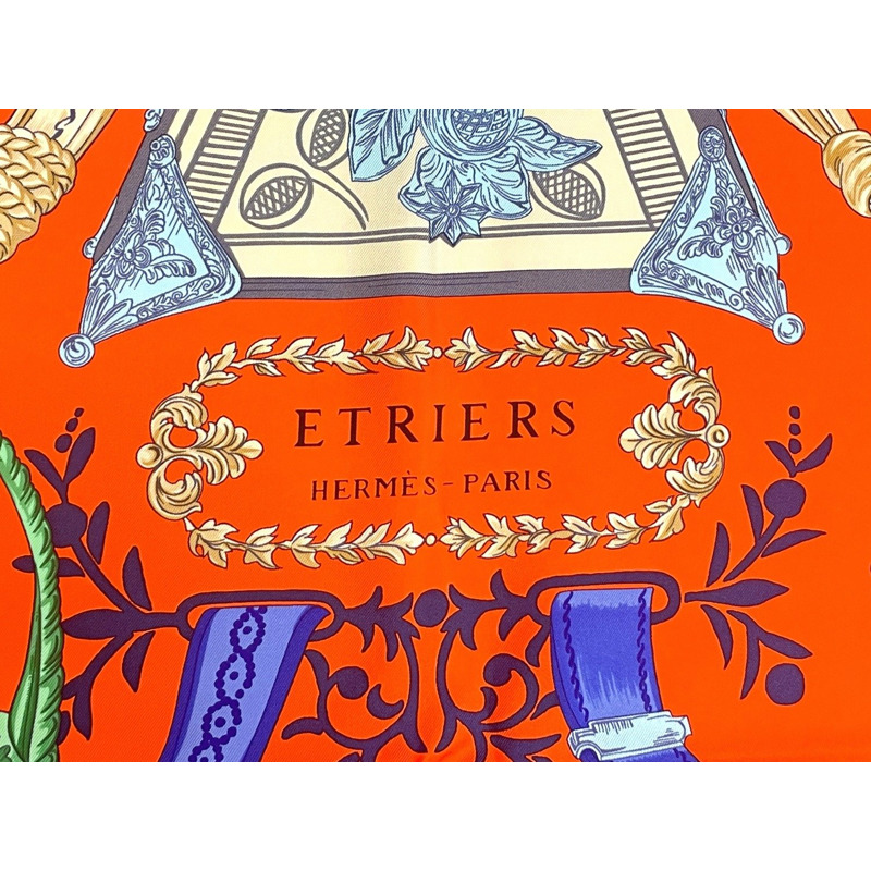 正品愛馬仕 HERMES 圍巾 Carre Carre 90 ETRIERS 馬鐙圍巾披肩頭巾絲綢橙色多色服裝配件使用-5