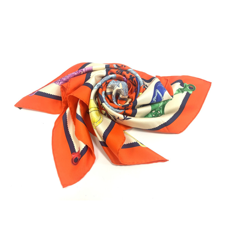 正品愛馬仕 HERMES 圍巾 Carre Carre 90 ETRIERS 馬鐙圍巾披肩頭巾絲綢橙色多色服裝配件使用-6