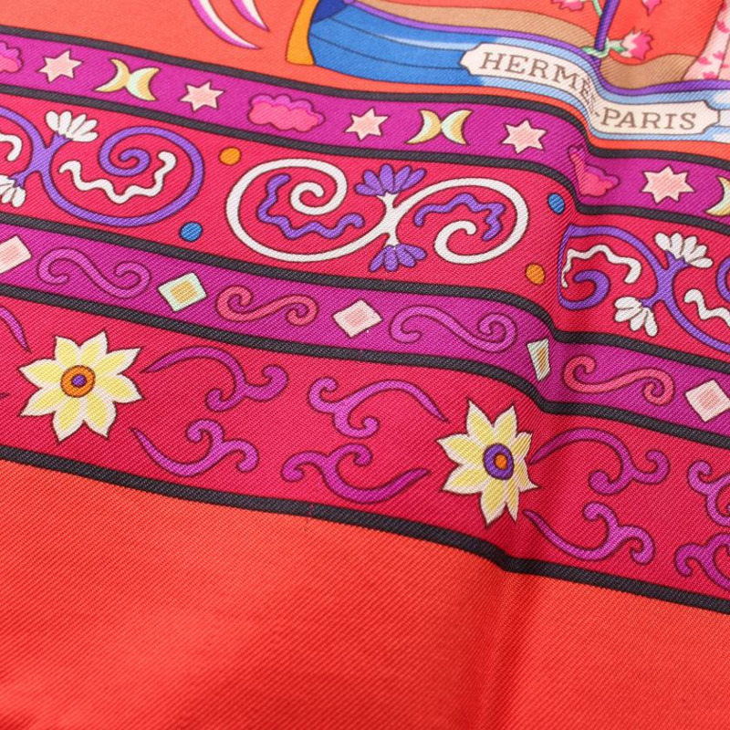 【日本直送】中古HERMES[B]方巾90 「Peuple du Vent」 絲巾 絲 橙紅色 紫色 多彩色-3
