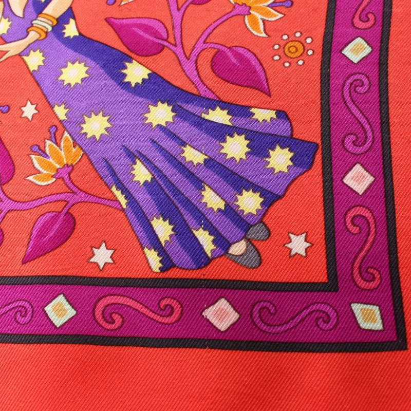 【日本直送】中古HERMES[B]方巾90 「Peuple du Vent」 絲巾 絲 橙紅色 紫色 多彩色-4