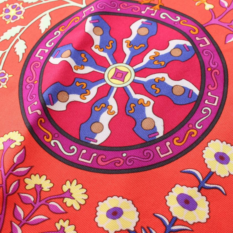 【日本直送】中古HERMES[B]方巾90 「Peuple du Vent」 絲巾 絲 橙紅色 紫色 多彩色-5