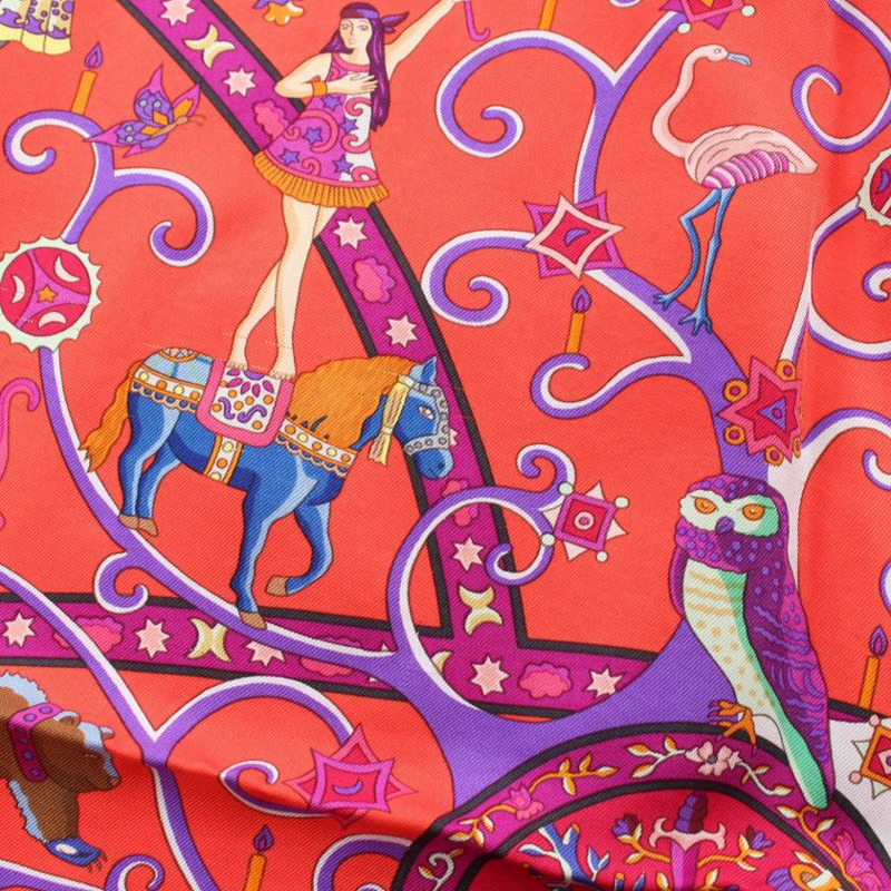 【日本直送】中古HERMES[B]方巾90 「Peuple du Vent」 絲巾 絲 橙紅色 紫色 多彩色-6