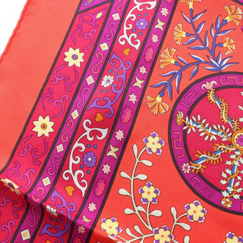 【日本直送】中古HERMES[B]方巾90 「Peuple du Vent」 絲巾 絲 橙紅色 紫色 多彩色-8