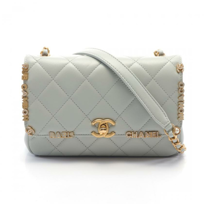 【日本直送】中古CHANEL[A]迷你 翻蓋 菱格紋 鏈條肩包 小羊皮 淺灰色 金色五金-0