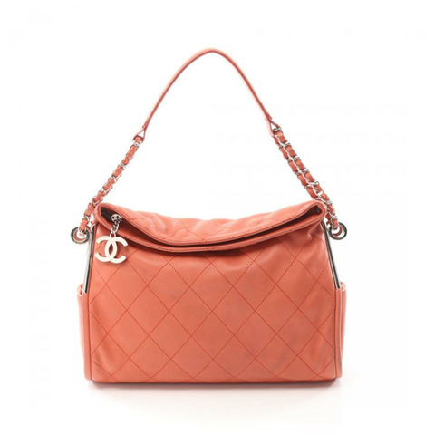 【日本直送】中古CHANEL[B]菱格紋 鏈條肩包 小羊皮 橙色 銀色五金