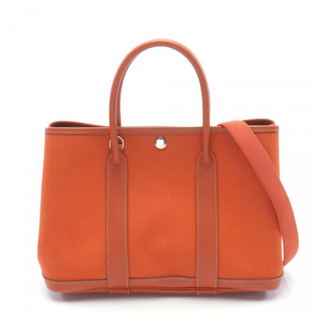 【日本直送】中古HERMES[AB]Garden PartyTPM  手提包 托特包 Toile officier細棉帆布 真皮 橙棕色 銀色五金 兩用款 □J刻印