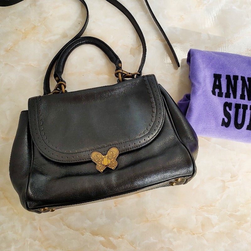 正品ANNA SUI黑色真皮蝴蝶釦醫生包+正品gucci 黑色真皮Solid Leather皮帶-0