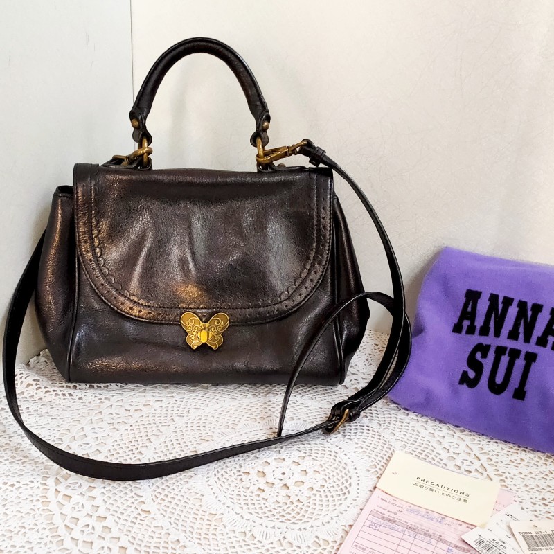 正品ANNA SUI黑色真皮蝴蝶釦醫生包+正品gucci 黑色真皮Solid Leather皮帶-1