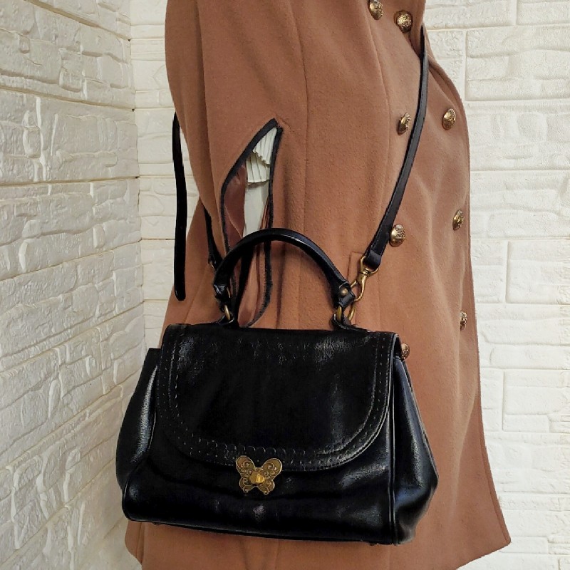 正品ANNA SUI黑色真皮蝴蝶釦醫生包+正品gucci 黑色真皮Solid Leather皮帶-9