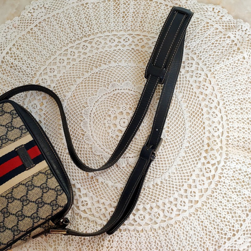 9成新正品gucci 老花Navy blue藍紅藍相機包/斜背包/豆腐包-5