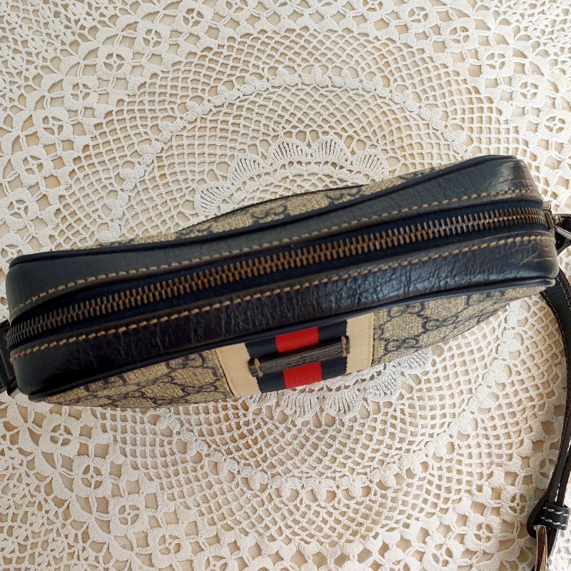 9成新正品gucci 老花Navy blue藍紅藍相機包/斜背包/豆腐包-6