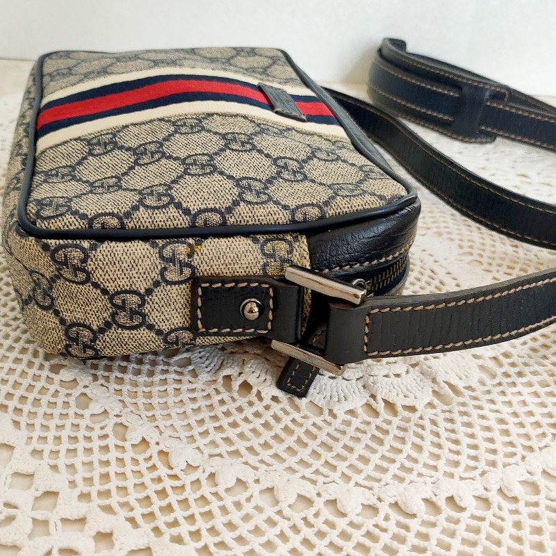 9成新正品gucci 老花Navy blue藍紅藍相機包/斜背包/豆腐包-8