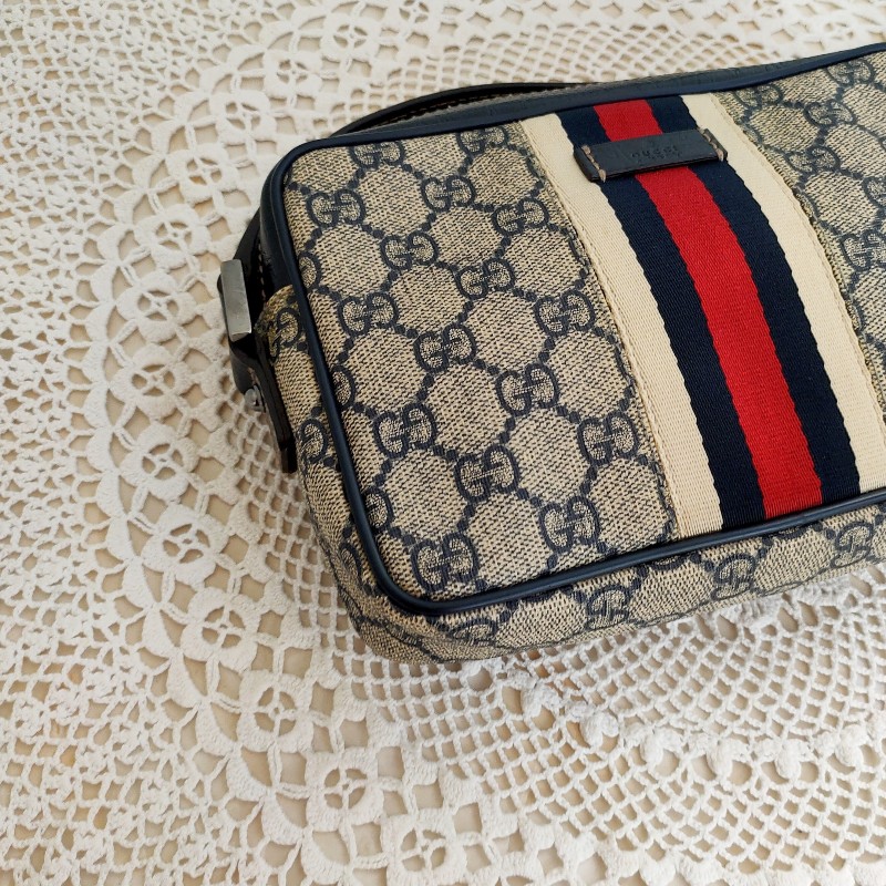 9成新正品gucci 老花Navy blue藍紅藍相機包/斜背包/豆腐包-9