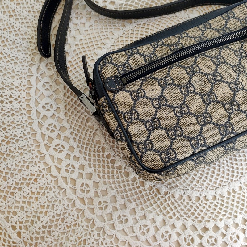 9成新正品gucci 老花Navy blue藍紅藍相機包/斜背包/豆腐包-10