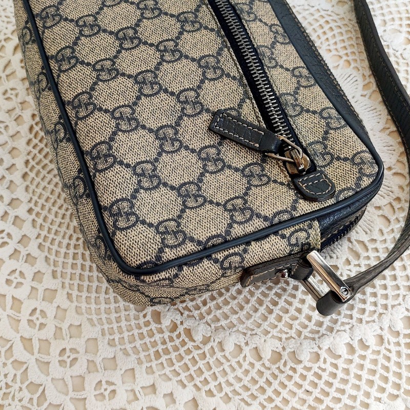 9成新正品gucci 老花Navy blue藍紅藍相機包/斜背包/豆腐包-11