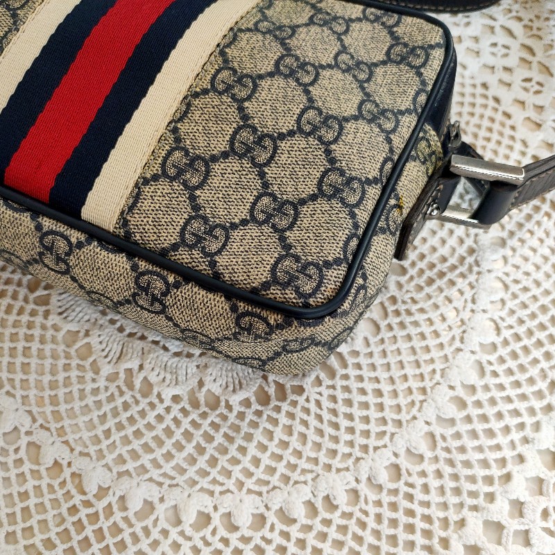 9成新正品gucci 老花Navy blue藍紅藍相機包/斜背包/豆腐包-12