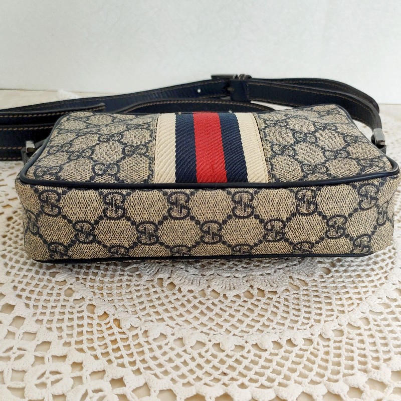 9成新正品gucci 老花Navy blue藍紅藍相機包/斜背包/豆腐包-13